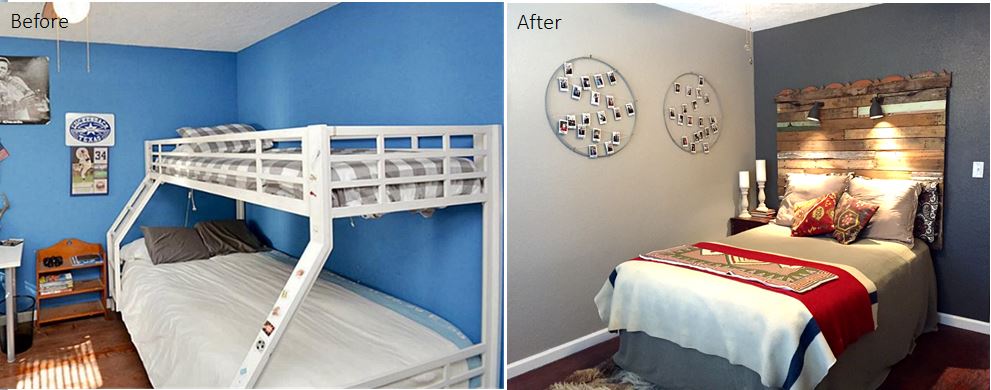 Before and After, DIY, cosmetic reno, houston tx, guest room reno, DIY, Behr paint, pallet headboard