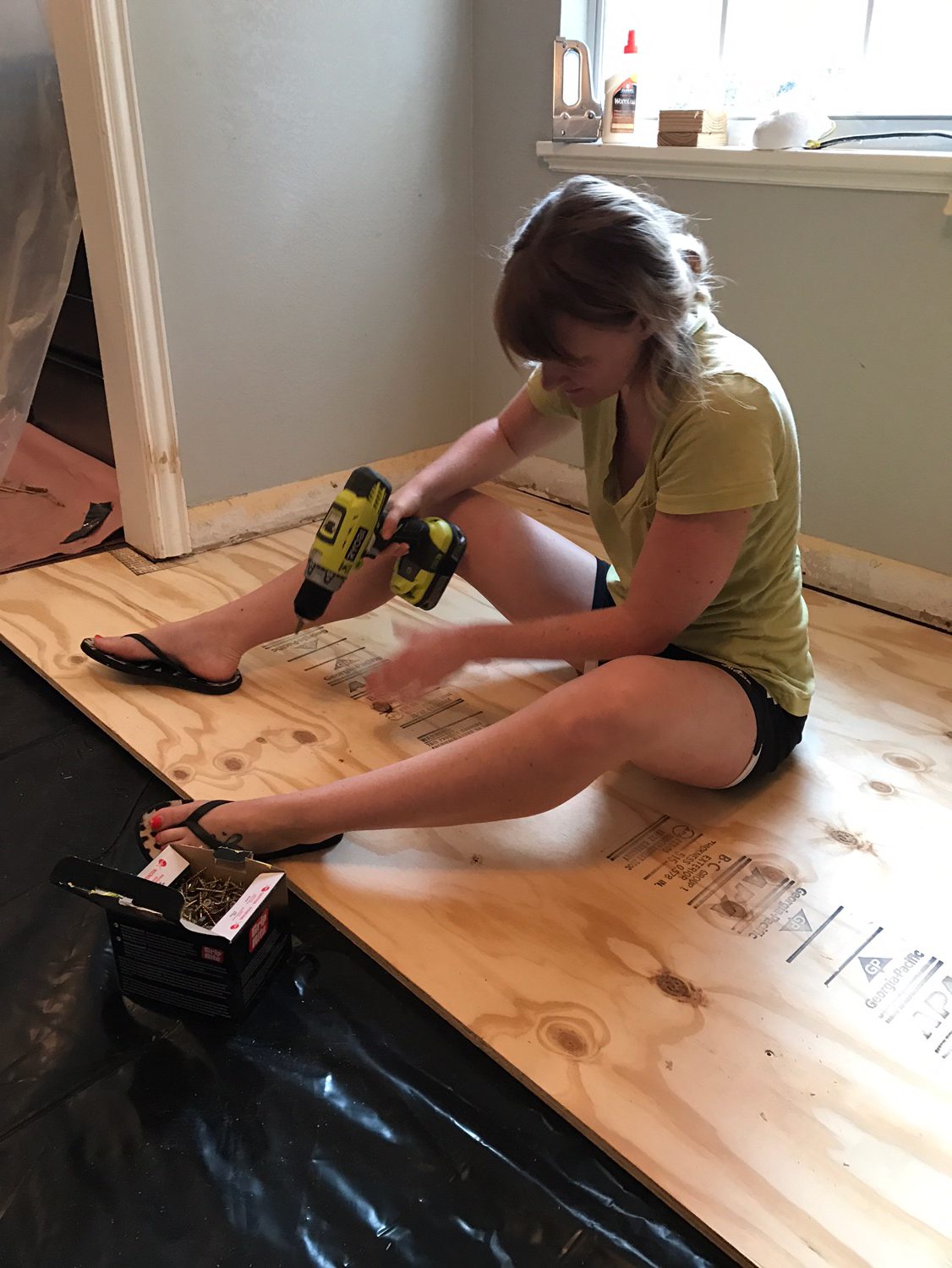 plywood flooring, staple gun, dana morris, DIY, kitchen rennovation