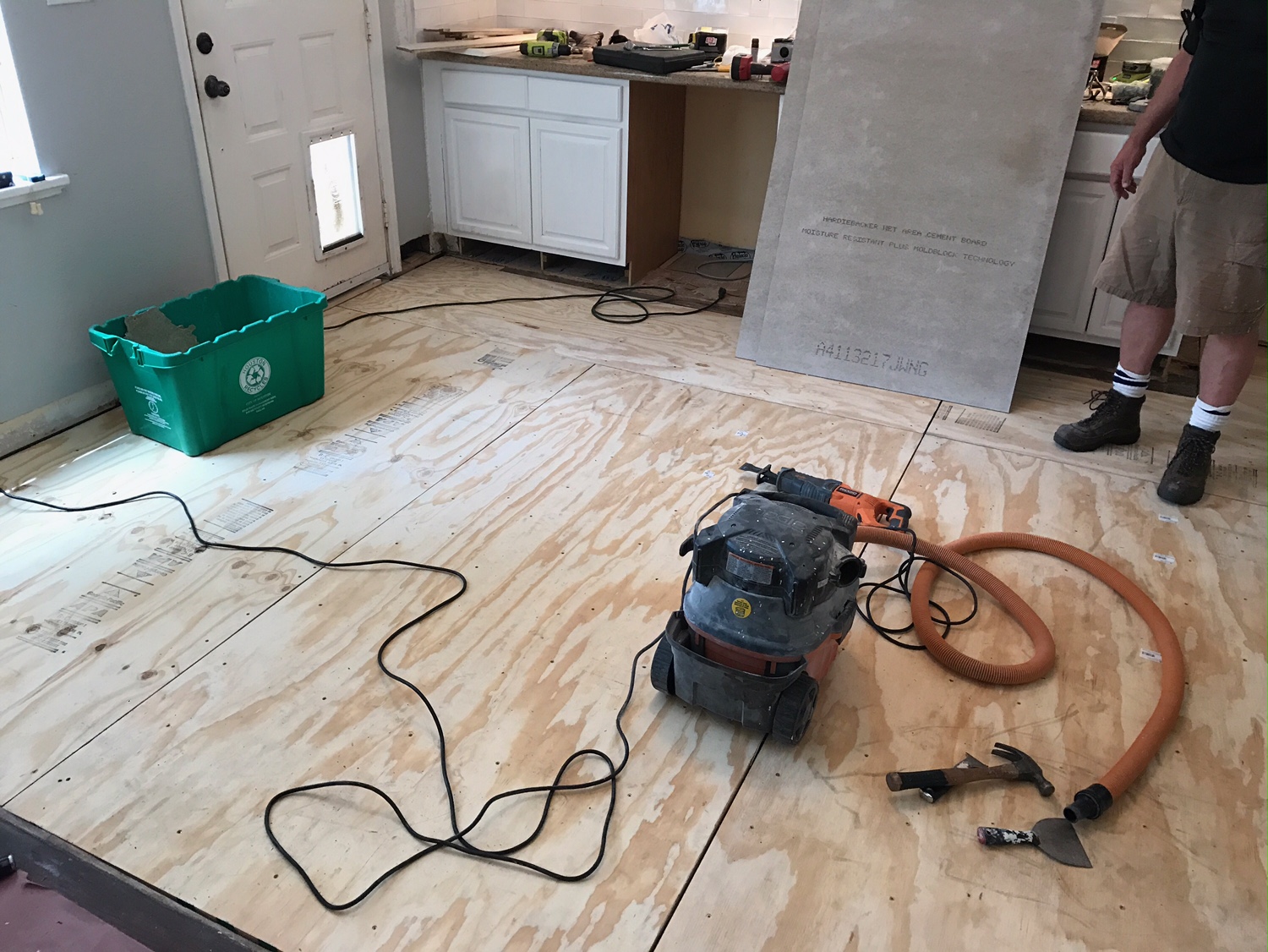 plywood floor, kitchen renovation, kitchen tile diy, david morris, houston house flipper