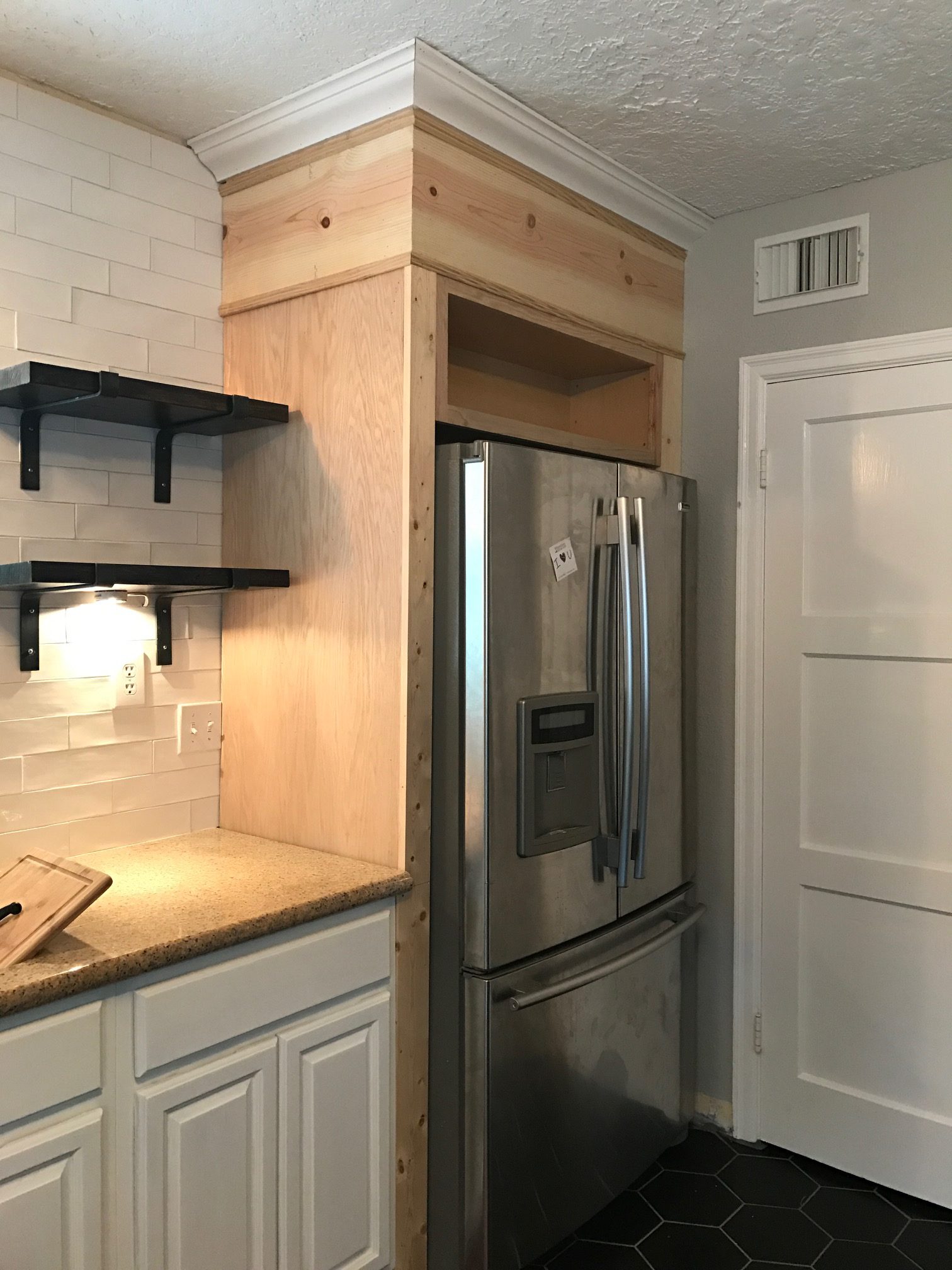 DIY fridge surround, kitchen renovation, refrigerator cabinet, custom cabinet, over the fridge cabinet