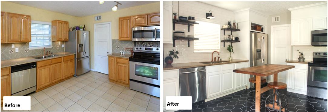 kitchen renovation, kitchen reno diy, diy kitchen, diy tile, hexagon tile, subway tile, backsplash, white kitchen, black floors