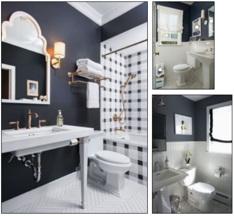 navy bathroom inspiration, bathroom renovation, navy walls, behr paint, beadboard 