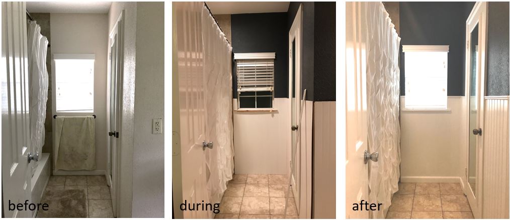guest bathroom, navy bathroom, beadboard in bathroom, before and after, pedetal sink