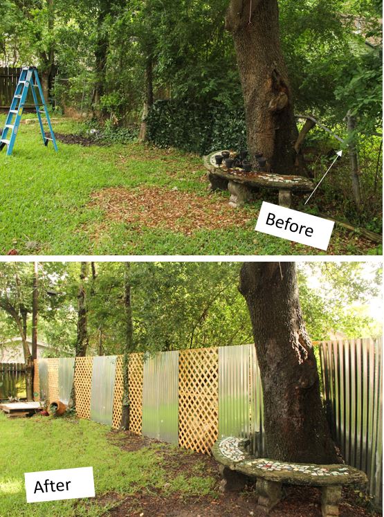 Before and After FEnce, build a fence, woodworking, diy fence, lattice fence, install a fence, disguise chain link fence