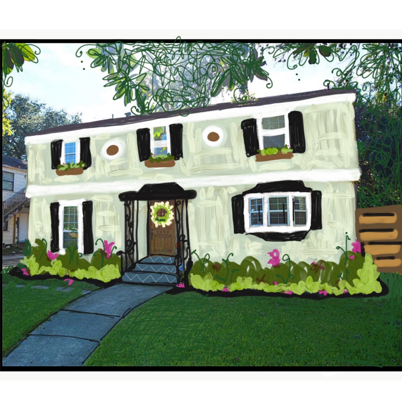green house, light green house, adobe sketch, house exterior