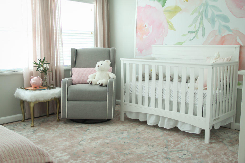 blush nursery, nursery ideas, dana moris, wayfair rug, blush rug, tapestry, floral wall, white crib, target bedding, girl nursery ideas, interior design